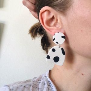 Cow hide black and white pattern polymer clay dangle earrings